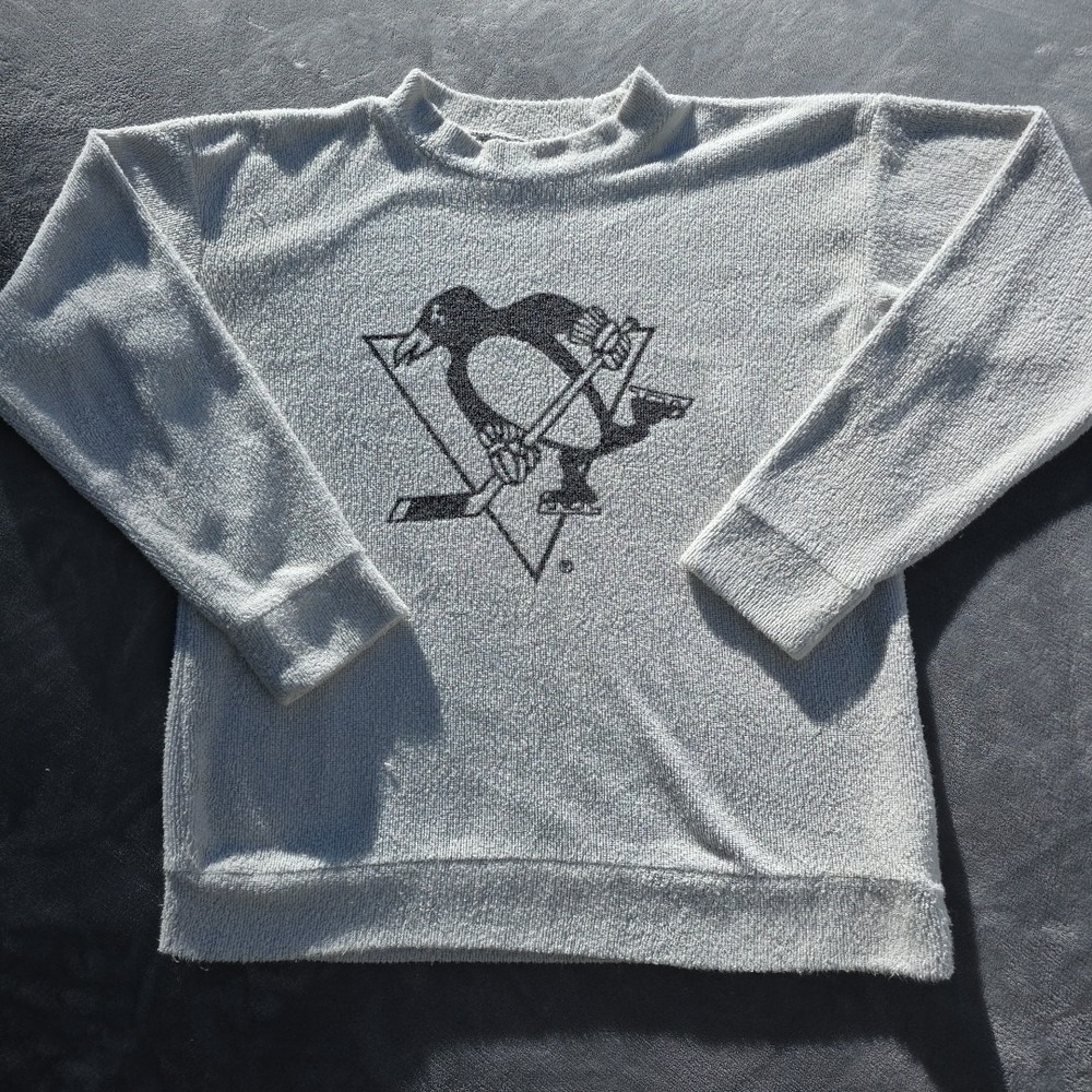 Pittsburgh Penguins Terry Cloth Sweater Men's‎ Size Medium Front Logo Beige...